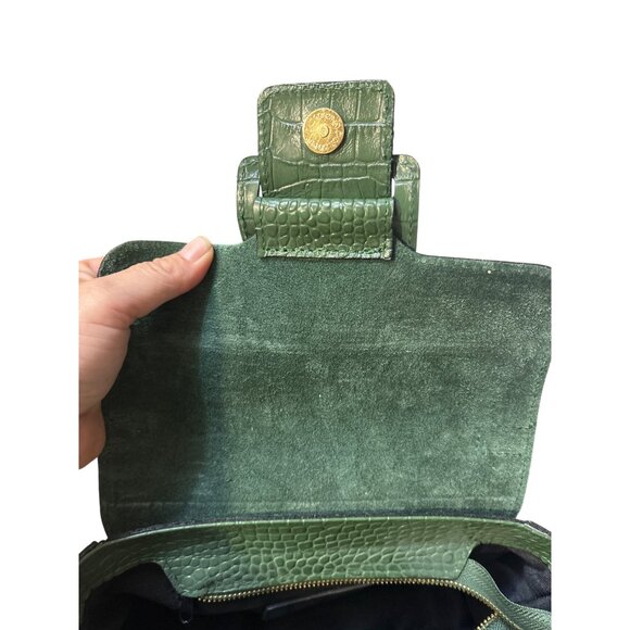 Vera Pelle Green Croc-Embossed Genuine Leather Handbag With Top Handle & Gold Ch - Picture 7 of 8